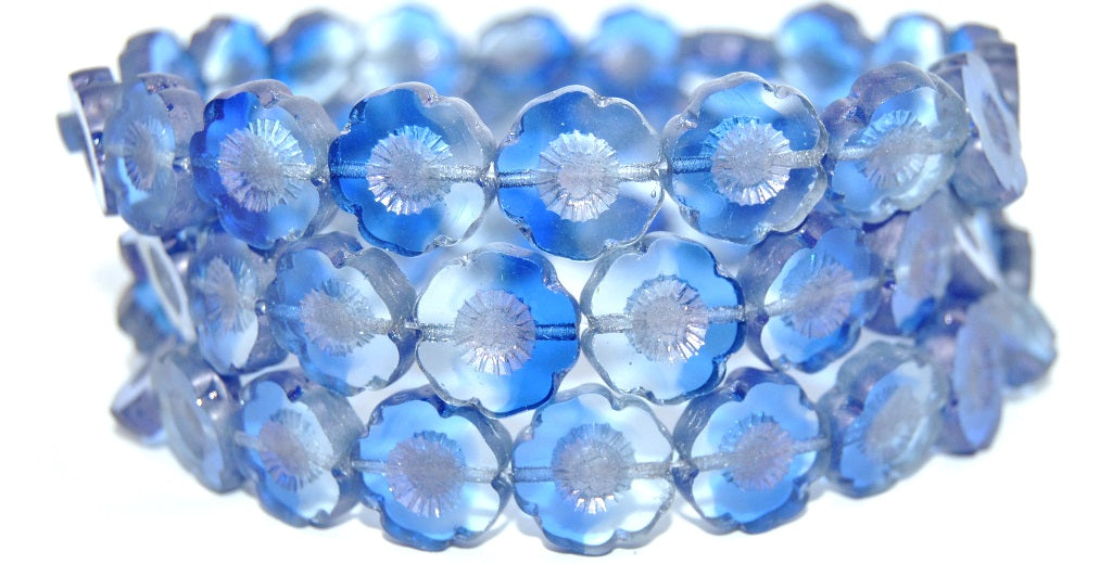 Table Cut Round Beads Hawaii Flowers, Transparent Blue Luster Blue Full Coated Matte (3001005-14464-M), Glass, Czech Republic
