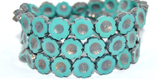 Table Cut Round Beads Hawaii Flowers, Turquise Bronze (63140-14415), Glass, Czech Republic