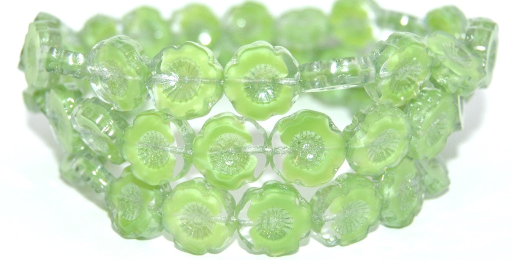 Table Cut Round Beads Hawaii Flowers, Opaque Green Hematite (56018-14400), Glass, Czech Republic