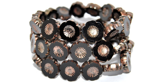 Table Cut Round Beads Hawaii Flowers, Black 43750 (23980-43750), Glass, Czech Republic