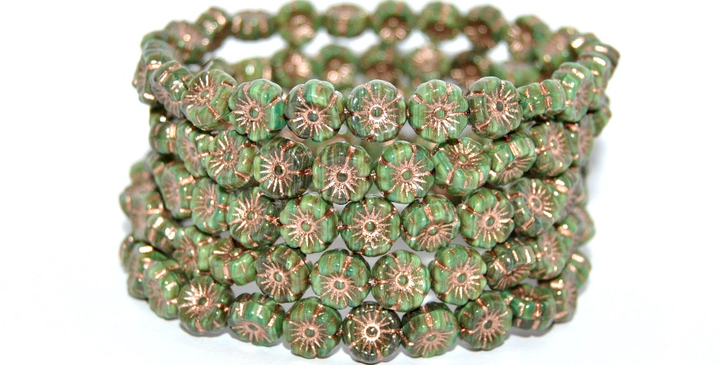 Hawaii Flower Pressed Glass Beads, Mixed Colors Green Copper Lined (MIX-GREEN-54200), Glass, Czech Republic
