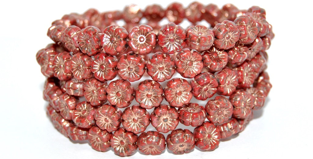 Hawaii Flower Pressed Glass Beads, Mixed Colors Red Copper Lined (MIX-RED-54200), Glass, Czech Republic