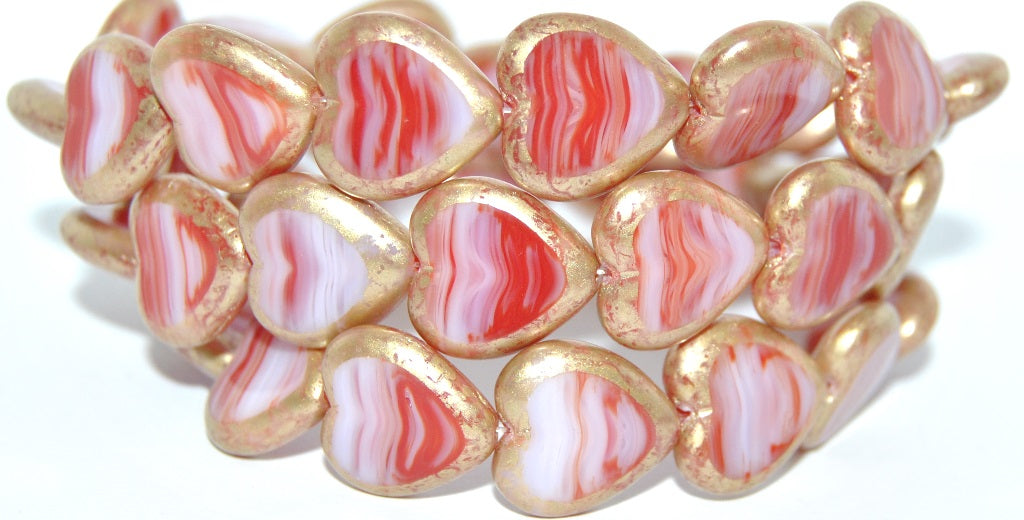 Table Cut Heart Beads, Red Stripes 43750 (95010-43750), Glass, Czech Republic