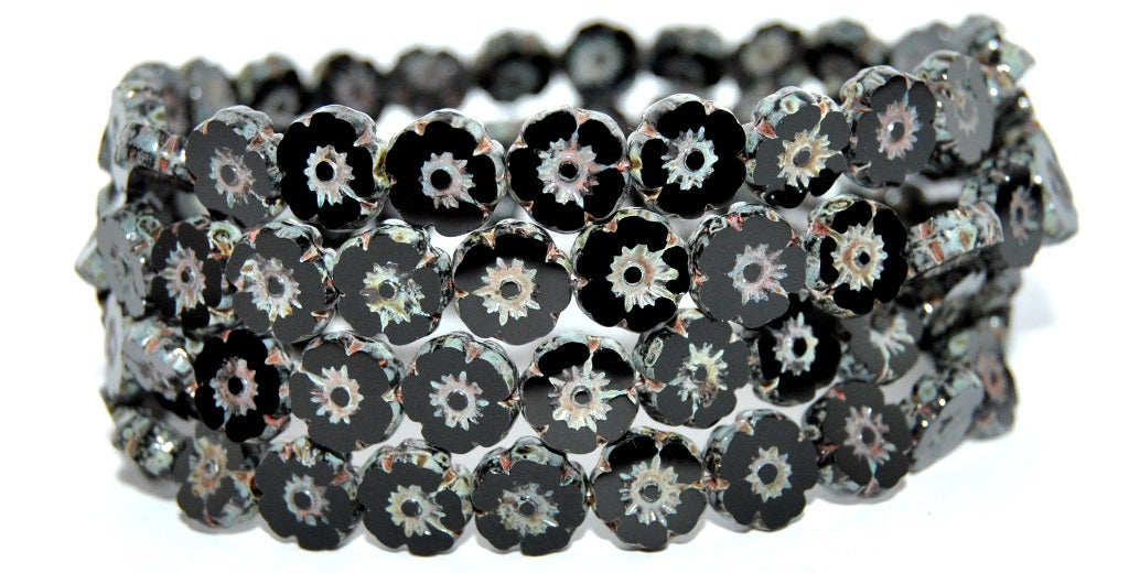 Table Cut Round Beads Hawaii Flowers, Black Travertin (23980-86800), Glass, Czech Republic