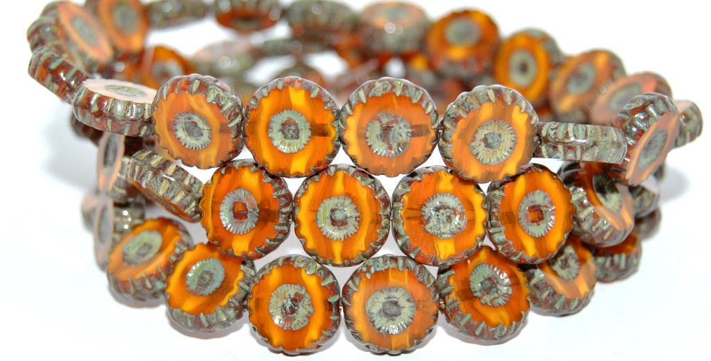 Table Cut Round Flower Beads Daisy, Orange Stain Strong (81260M-86805), Glass, Czech Republic