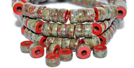 Table Cut Bagel Pony Beads with Big Hole, Opaque Red Stain Strong (93200-86805), Glass, Czech Republic