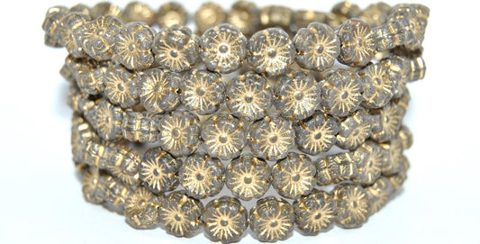 Hawaii Flower Pressed Glass Beads, Opaque Gray Gold Lined (43030-54202), Glass, Czech Republic