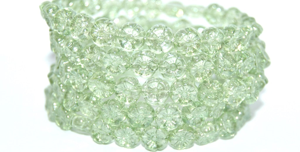 Hawaii Flower Pressed Glass Beads, Crystal Luster Green Full Coated (00030-14457), Glass, Czech Republic