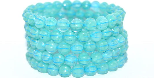 Melon Round Pressed Glass Beads With Stripes, Blue Mixed Colors Opal Light Blue Lined (BLUE-MIX-OPAL-46460), Glass, Czech Republic