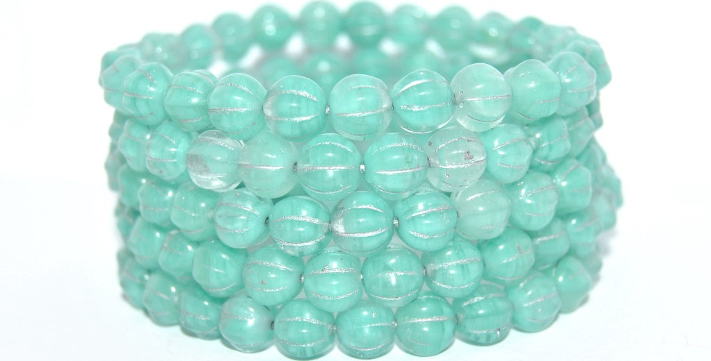 Melon Round Pressed Glass Beads With Stripes, Blue Mixed Colors Opal Silver Lined (BLUE-MIX-OPAL-54201), Glass, Czech Republic