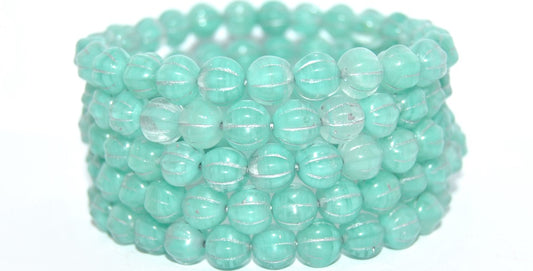 Melon Round Pressed Glass Beads With Stripes, Blue Mixed Colors Opal Silver Lined (BLUE-MIX-OPAL-54201), Glass, Czech Republic