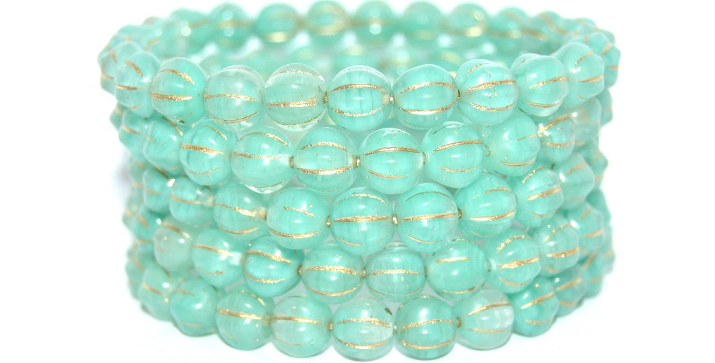 Melon Round Pressed Glass Beads With Stripes, Blue Mixed Colors Opal Gold Lined (BLUE-MIX-OPAL-54202), Glass, Czech Republic
