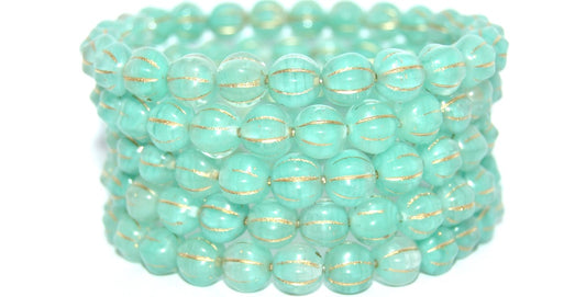 Melon Round Pressed Glass Beads With Stripes, Blue Mixed Colors Opal Gold Lined (BLUE-MIX-OPAL-54202), Glass, Czech Republic