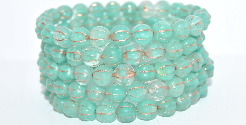 Melon Round Pressed Glass Beads With Stripes, Blue Mixed Colors Opal Copper Lined (BLUE-MIX-OPAL-54200), Glass, Czech Republic