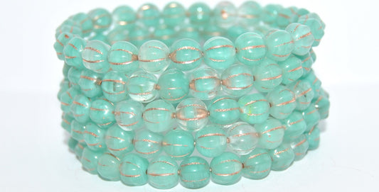 Melon Round Pressed Glass Beads With Stripes, Blue Mixed Colors Opal Copper Lined (BLUE-MIX-OPAL-54200), Glass, Czech Republic