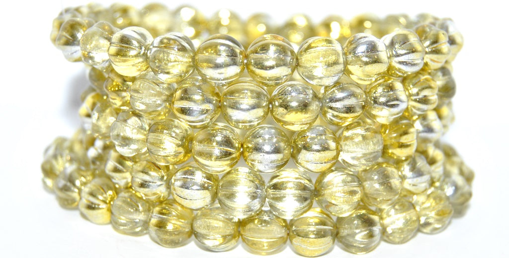 Melon Round Pressed Glass Beads With Stripes, Crystal 97385 (00030-97385), Glass, Czech Republic