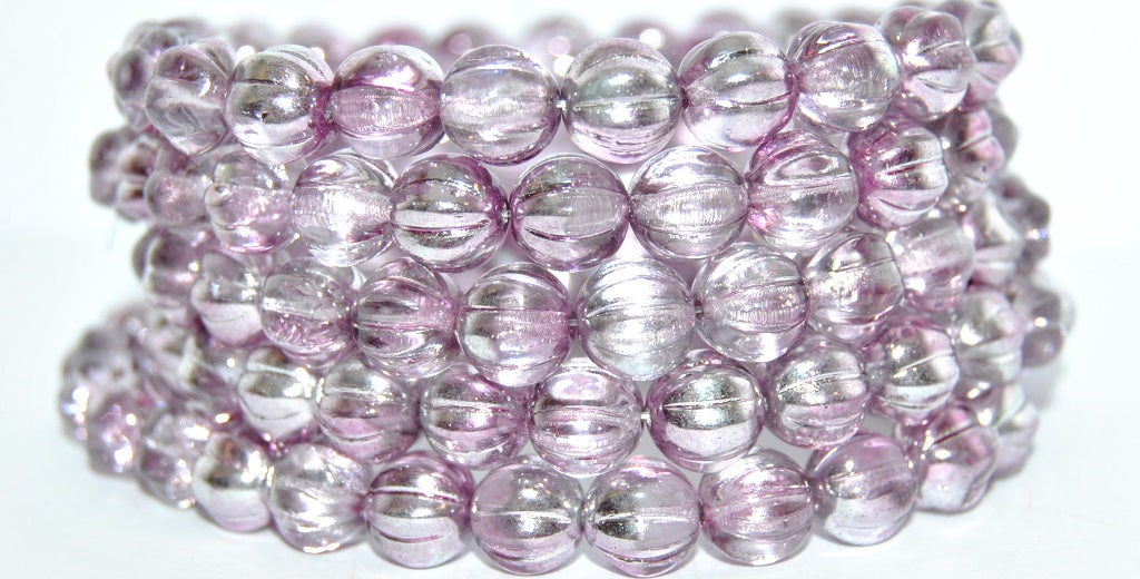 Melon Round Pressed Glass Beads With Stripes, Crystal 97328 (00030-97328), Glass, Czech Republic