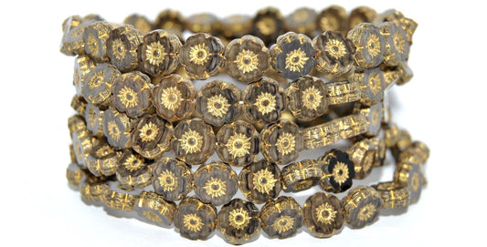 Table Cut Round Beads Hawaii Flowers, Opaque Gray Gold Lined (43030-54202), Glass, Czech Republic