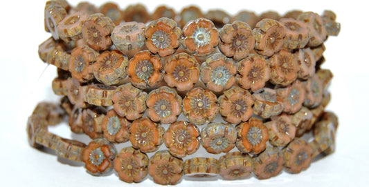 Table Cut Round Beads Hawaii Flowers, Mix Brown Crystal Travertin Mat (16617B-86800-MAT), Glass, Czech Republic