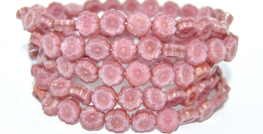 Table Cut Round Beads Hawaii Flowers, Opaque Pink Luster Red Full Coated (76016B-14495), Glass, Czech Republic