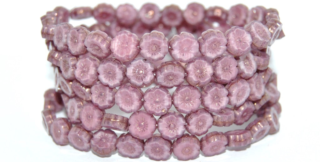 Table Cut Round Beads Hawaii Flowers, Opaque Pink Bronze (76016B-14415), Glass, Czech Republic