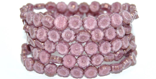 Table Cut Round Beads Hawaii Flowers, Opaque Pink Bronze (76016B-14415), Glass, Czech Republic