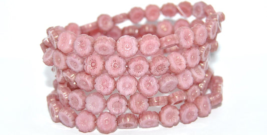 Table Cut Round Beads Hawaii Flowers, Opaque Pink Luster Lila (76016-14494), Glass, Czech Republic