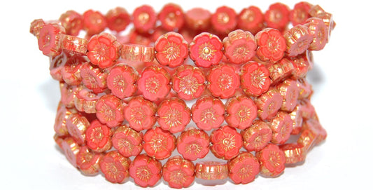 Table Cut Round Beads Hawaii Flowers, Red Gold Lined C (93400-54202C), Glass, Czech Republic
