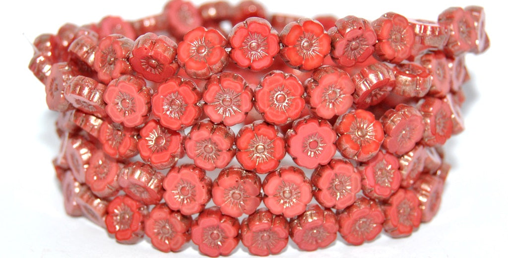 Table Cut Round Beads Hawaii Flowers, Red 86750 (93400-86750), Glass, Czech Republic