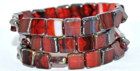 Table Cut Square Beads, Mixed Colors Red Picasso (MIX-RED-43400), Glass, Czech Republic