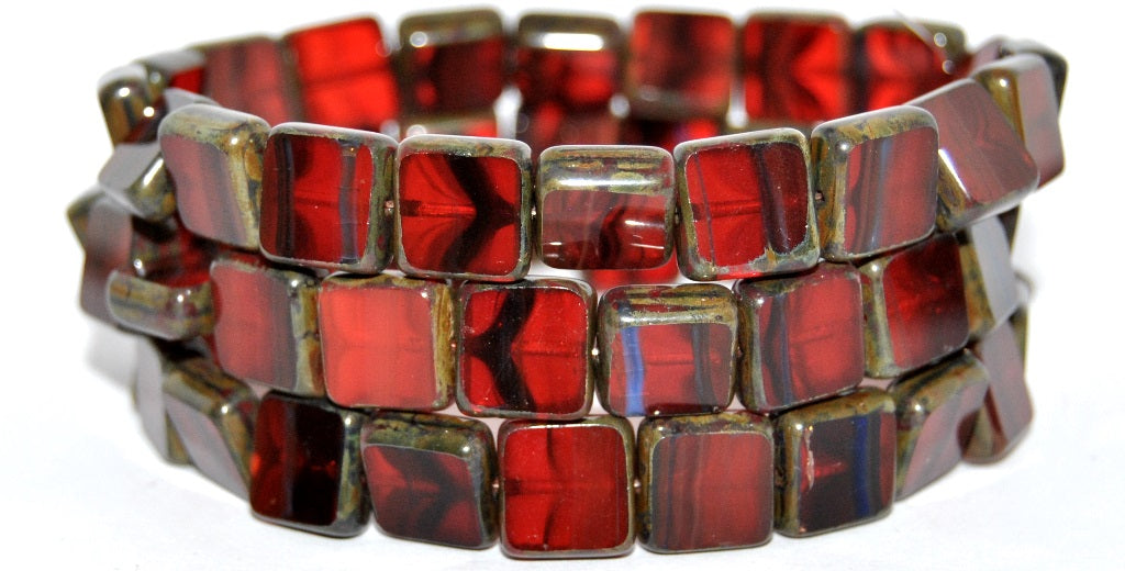 Table Cut Square Beads, Mixed Colors Red Stain Strong (MIX-RED-86805), Glass, Czech Republic