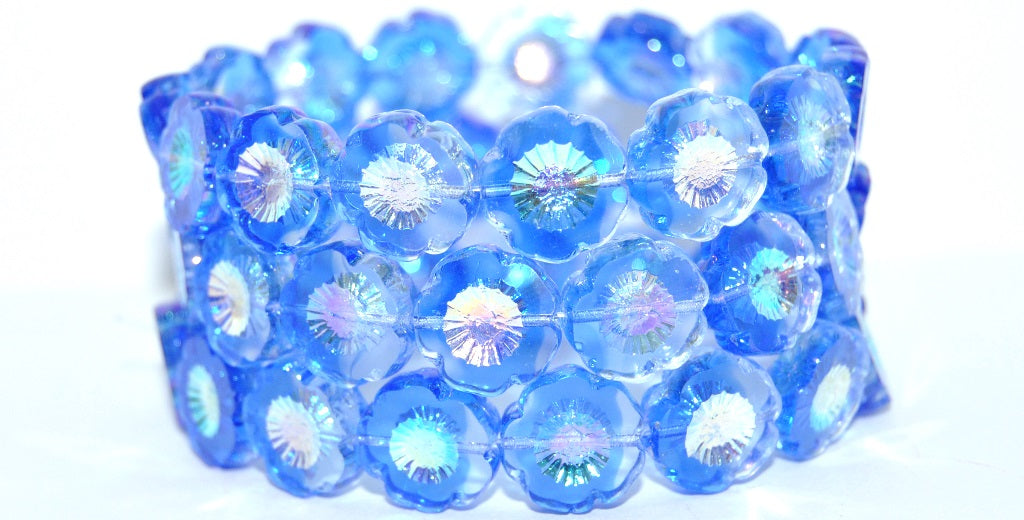 Table Cut Round Beads Hawaii Flowers, Transparent Blue Ab 2X (3001008-AB-2X), Glass, Czech Republic