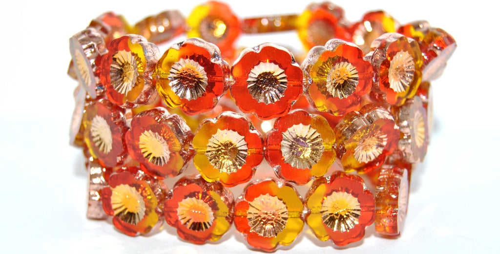 Table Cut Round Beads Hawaii Flowers, Transparent Orange Transparent Yellow Rose Gold Capri 2X (90048002-27101-2X), Glass, Czech Republic