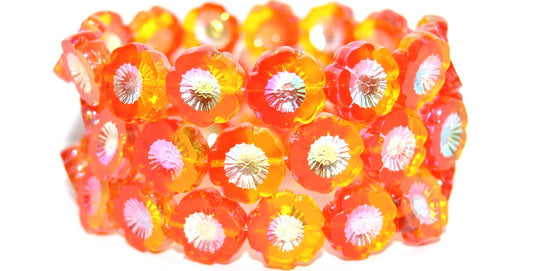 Table Cut Round Beads Hawaii Flowers, Transparent Orange Transparent Yellow Ab 2X (90048002-AB-2X), Glass, Czech Republic