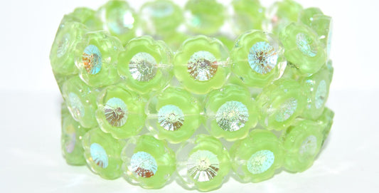 Table Cut Round Beads Hawaii Flowers, Opaque Green Ab Full (2X Side) (56018-AB2X), Glass, Czech Republic