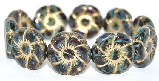 6-Petal Flower Pressed Glass Beads, Transparent Brown Stain Strong Gold Lined Antiq (10230-86805-54202-ANTIQ), Glass, Czech Republic