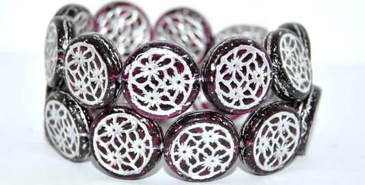 Round With Flower Pressed Glass Beads, Transparent Red Silver Lined (70350-54301), Glass, Czech Republic