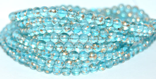 Round Pressed Glass Beads Druck, Transparent Aqua Gold Splash (60020-94401), Glass, Czech Republic