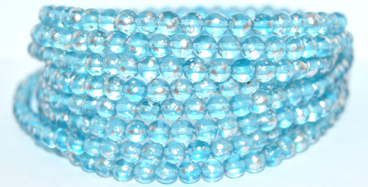 Round Pressed Glass Beads Druck, Transparent Aqua Silver Splash (60020-94400), Glass, Czech Republic