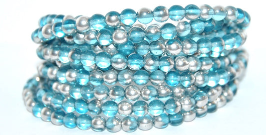 Round Pressed Glass Beads Druck, Transparent Aqua Crystal Silver Half Coating (60020-27001), Glass, Czech Republic