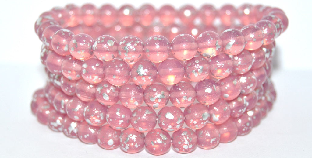 Round Pressed Glass Beads Druck, Opal Pink Silver Splash (71010-94400), Glass, Czech Republic