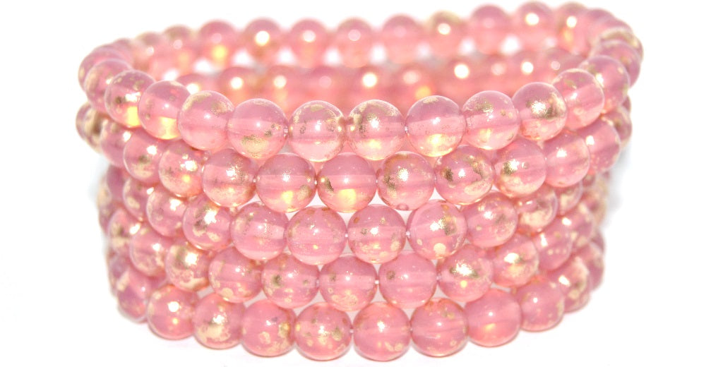 Round Pressed Glass Beads Druck, Opal Pink Gold Splash (71010-94401), Glass, Czech Republic