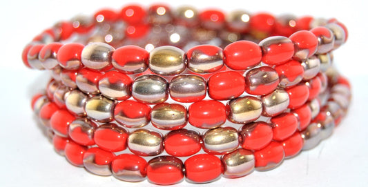 Olive Oval Pressed Glass Beads, Red Rose Gold Capri (93190-27101), Glass, Czech Republic