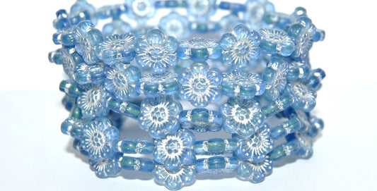 Flower Pressed Glass Beads, Blue Green Uranium Silver Lined (87311-54201), Glass, Czech Republic