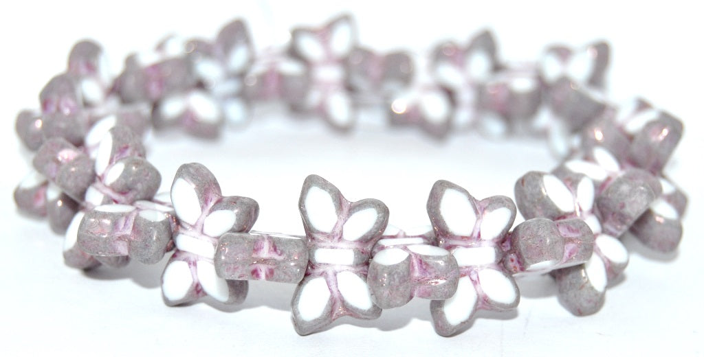Table Cut Butterfly Beads, White Purple (02010-15726), Glass, Czech Republic