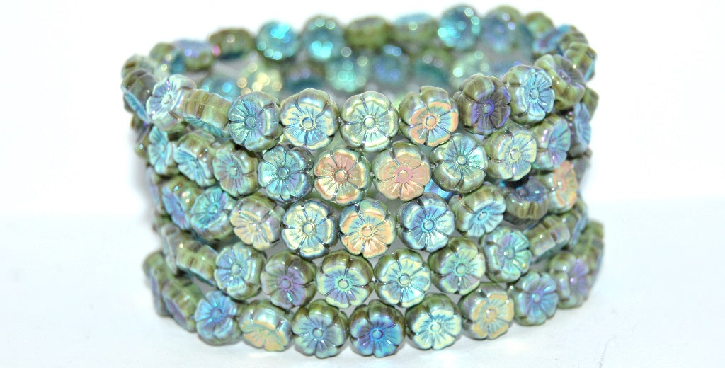 Hawaii Flower Pressed Glass Beads, Mixed Colors Green Ab 2X (MIX-GREEN-AB-2X), Glass, Czech Republic
