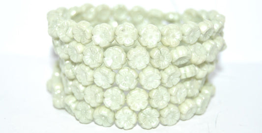 Hawaii Flower Pressed Glass Beads, White Luster Green Full Coated (02010-14457), Glass, Czech Republic