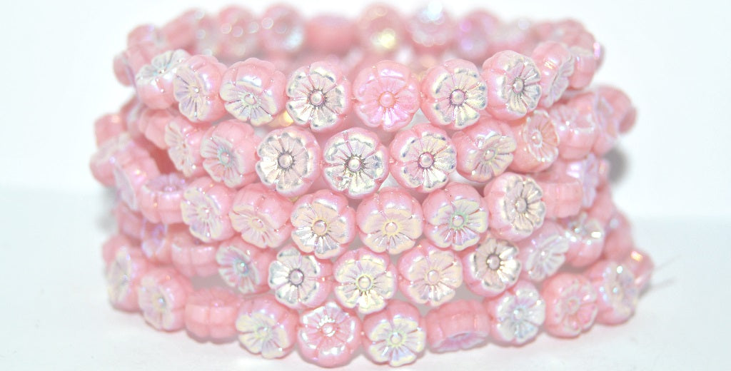 Hawaii Flower Pressed Glass Beads, Opal Pink Ab 2X (72010-AB-2X), Glass, Czech Republic