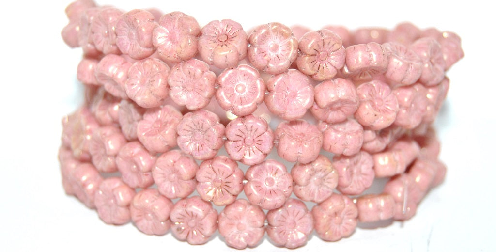 Hawaii Flower Pressed Glass Beads, White Luster Red Full Coated (02010-14495), Glass, Czech Republic