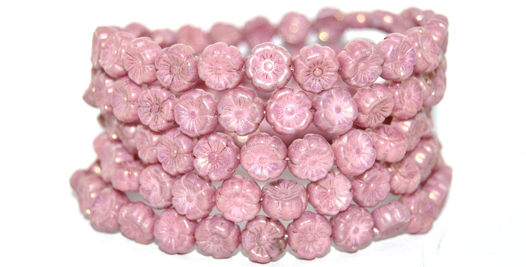 Hawaii Flower Pressed Glass Beads, White Luster Violet Full Coated (02010-14496), Glass, Czech Republic